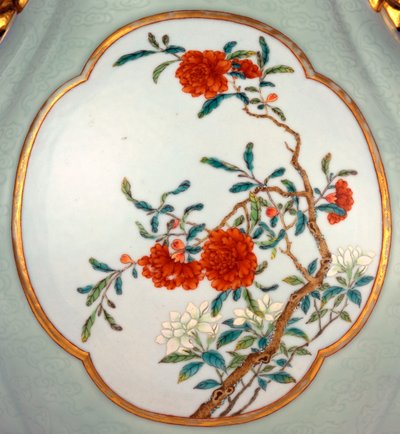 Detail of a fine and very rare famille rose celadon-ground vase with a gilt outlined enamel of Prunus and Roses by School Chinese