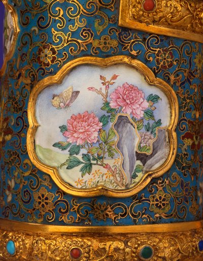 Detail of an enamel cartouche from a magnificent Imperial gold, cloisonne and Beijing enamel ewer, Duomuhu, engraved Qianlong four-character mark and of the period, Palace Workshops by School Chinese