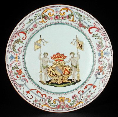 Dinner plate decorated in famille rose enamels with the arms of Goos of Ghyseghem, acollees with Vecquemans and Goubau, Yonzheng period (1725-35) c.1730 by School Chinese