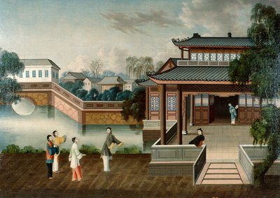 Figures Approaching a Riverside Mansion by School Chinese
