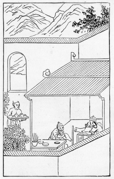 Painting blue flowers on vases, from a series of illustrations on the manufacture of china (litho) by School Chinese