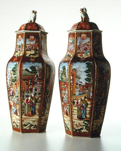 Pair of Chinese Hexagonal Vases with their Covers, Qianlong Period by School Chinese