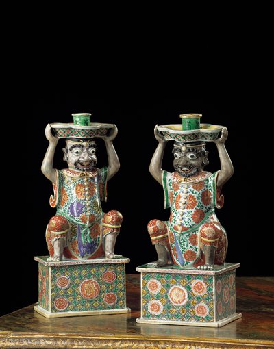 Pair of export famille verte candlesticks, Kangxi by School Chinese