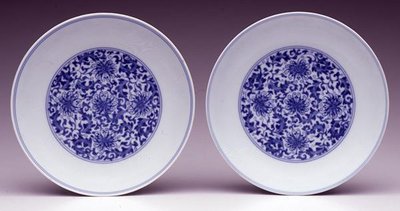 Pair of Saucer Dishes, with Stylised Lotus Flowers, Yongzheng Mark and Period 1723-35 by School Chinese