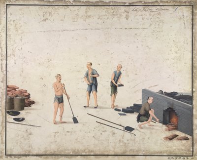 Putting in lead, sulphur and mercury, manufacturing red lead in China, c.1820 by School Chinese