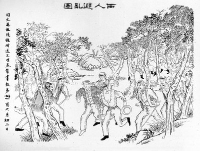 Revolt of the Boxers: Europeans fleeing from the Boxers. Illustration published in the 