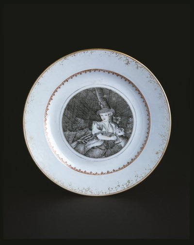 White plate bordered in gold and red with woman by School Chinese