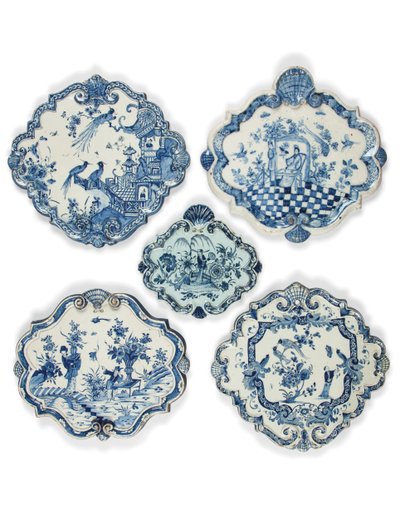 Delft Chinoiseries Shaped Lozenge Plaques, Late 17th - Early 18th Century by School Dutch
