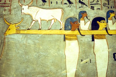 Ancient Egypt, Painting, Gods of the Underworld Tethered to Hathor, Divine Cow, Towing the Solar Barque, Tomb of Rameses I, Thebes by School Egyptian