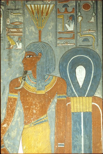 Ancient Egypt, Painting, Tomb of Horemheb, Thebes 18th dynasty, God Nefertum and Knot of Isis, Nefertum or Nefertem with a water lily or lotus headdress by School Egyptian