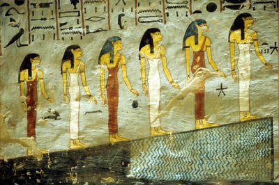 Ancient Egypt, Painting, Tomb of Rameses I, Thebes, Six goddesses representing the first six hours of the night, ascending a mountain beneath which is a pond by School Egyptian