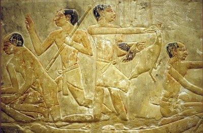 Wall carving/painting, Mastaba/Tomb of Idout, Saqqara, Trapping birds in the marsh, 6th Dynasty by School Egyptian