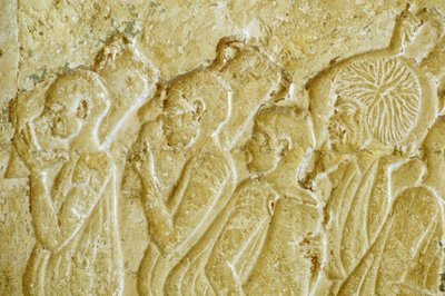 Ancient Egypt, Wall carving/painting, Tomb of Petosiris, Tuna el-Gebel, 300 BC, Men carrying wine jars by School Egyptian