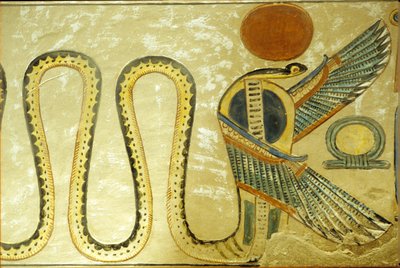 Ancient Egypt, Wall Painting, Tomb of Amon Hir Khopshef, Uraeus and Winged Serpents Guard the Burial Chamber Entrance, 20th Dynasty, Valley of the Queens by School Egyptian