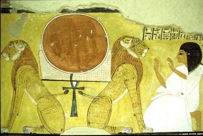 Ancient Egypt, Wall painting Tomb of Inherkhau, Thebes, Inherkhau adoring two lions, guardians of today and tomorrow, 20th Dynasty by School Egyptian