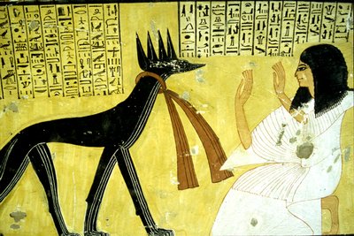 Ancient Egypt, Wall Painting Tomb of Inherkhau, Thebes, Tomb of the Nobles, 20th Dynasty, Inherkhau Worshipping the Jackal Gods by School Egyptian