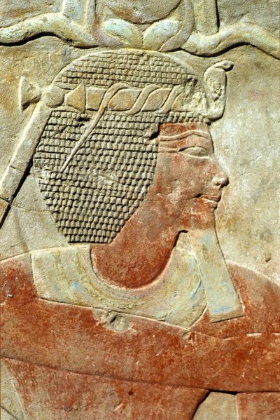 Ancient Egypt, Wall painting/carving, A Pharaoh, wearing the Atef crown, Karnak Temple, Luxor by School Egyptian
