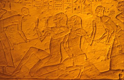 Ancient Egypt, Wall Painting/Carving, Hittite Prisoners Being Beaten with Sticks, Temple of Rameses II and Nefertari, Abu Simbel by School Egyptian