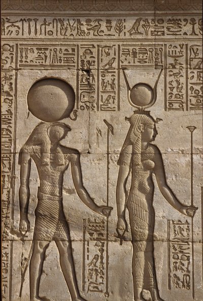 Wall painting/carving, Horus and Isis receive an offering from the pharaoh, Temple of Hathor, Dendera by School Egyptian