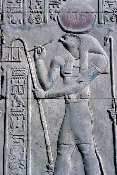 Ancient Egypt, Wall painting/carving, Horus writes on papyrus scroll, Temple of Sebek and Horus, Kom Ombo by School Egyptian
