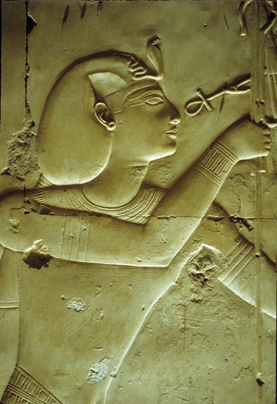 Ancient Egypt, Wall painting/carving, Seti I receiving life, symbolized by the ankh, Temple of Seti I, Abydos by School Egyptian