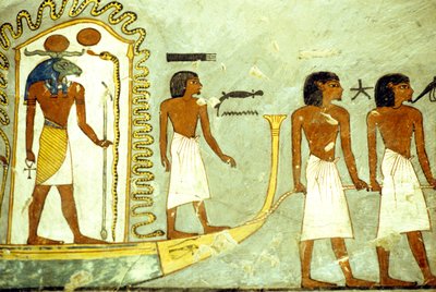 Wall painting/carving, Journey through the underworld boat drawn along by men, Tomb of Rameses I, Thebes by School Egyptian