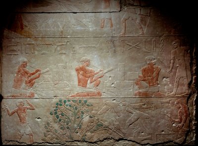 Ancient Egypt: limestone relief depicting scribes from the Chapel of Mastaba in Akhethetep, around 2300 BC. 5th dynasty. Old empire. From Saqqara (Sakkara). Paris, Louvre Museum by School Egyptian