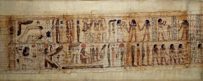 Ancient Egyptian Art Mythological Papyrus of Serimen. On top: during the creation of the world, the god Geb (Earth) is separated from the goddess Nout (heaven); gods and genies from the on. Below: Serimen pays homage to the sun that is flooding with its ra by School Egyptian