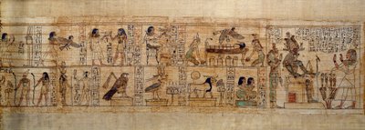 Ancient Egyptian Art Mythological Papyrus of Serimen. Top: Serimen loves the god Osiris represented by its emblem in the city of Abydos. The soul of the dead in the form of a bird flies over his mummy watched by the goddesses Isis (left) and Nephtys (right by School Egyptian