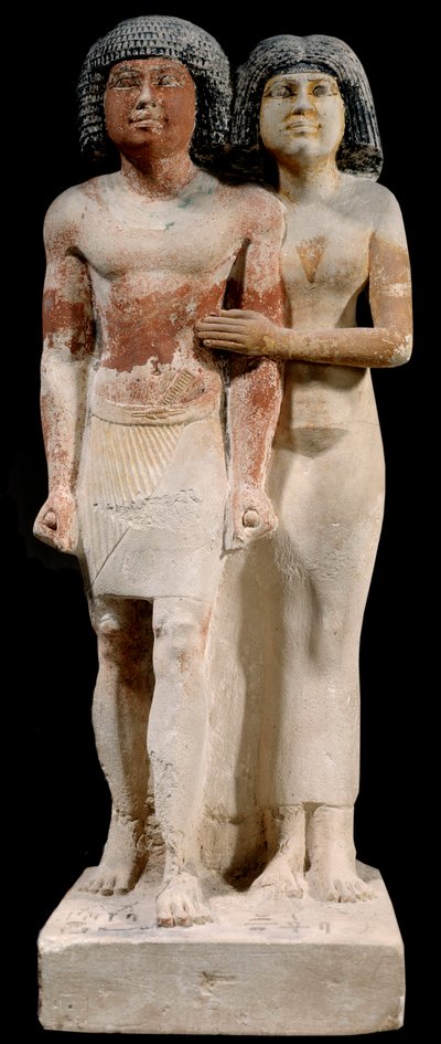 Egyptian antiquity: Limestone statue of Raherka and Meresankh couple. 5th dynasty. Old kingdom (around 2700-2200 BC). Paris, Louvre Museum by School Egyptian