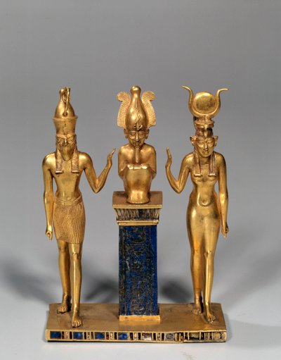 Egyptian antiquity: Osirian triad in the name of Osorkon. Gold pendant and lapis lazuli by School Egyptian