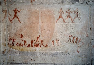 Egyptian antiquities: a sailboat. Limestone relief from the Chapel of Mastaba of Akhethetep in Saqqara. 5th dynasty (around 2500-2350 BC) 2300 BC. Paris, Louvre Museum by School Egyptian
