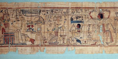 Egyptian antiquity: (detail) of the mythological papyrus of Neskapashouty. Anubis weighs the heart of the deceased by School Egyptian