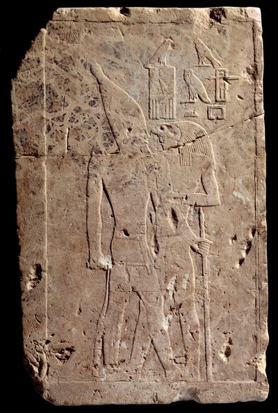 Egyptian antiquity: limestone relief depicting King Qahedjet embraced by the god Horus by School Egyptian