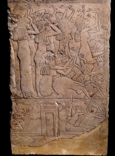 Egyptian antiquity: memphite tomb from Horemheb to Saqqarah, relief: weeping at the funeral of Horemheb. 18th dynasty (circa 1550-1295 BC) by School Egyptian