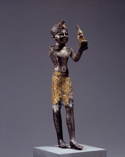 Egyptian Antiquity: Statuette of King (Sethi I?) Making the Offering of Maat. Silver and Gold Sculpture. Reign of Sethi. Louvre Museum by School Egyptian