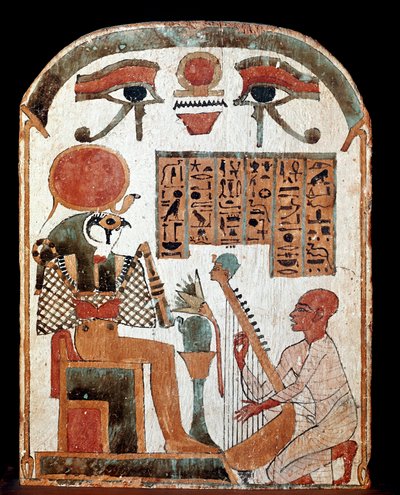 Egyptian antiquity: stela of the Harpist Jedkhonsuiufankh worshiping the god Horus. Intermediate period. 1069-664 BC. Paris, Louvre Museum by School Egyptian