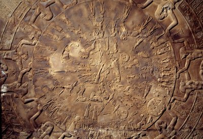 Egyptian antiquities: zodiac (detail) with relief constellations from the ceiling of the east chapel of Osiris from the Temple of Hathor in Denderah. 30 BC. Paris, Louvre Museum by School Egyptian