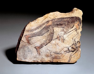 Ostrakon figure: monkey playing double flute (aulos) to make a man dance. From the site of Deir el-Medineh by School Egyptian