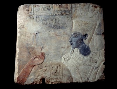 Relief of the temple of Thutmosis (Tuthmosis or Thutmus) III at Elephantine: Pharaoh followed by a goddess topped with columns of hieroglyphs. Sculpture in gres (stone), About 1390-1353 BC. From Aswan, Elephantine site. Paris, Louvre Museum by School Egyptian