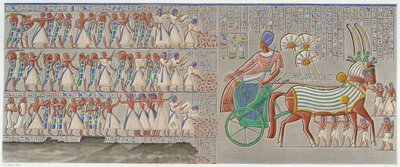 Thebes, Medynet-Abu: coloured bas-relief, carved in the south gallery of the peristyle of the palace - in Egyptian Antiquities, T.II by School Egyptian