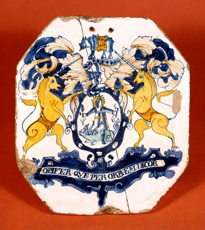 Apothecary tile displaying the coat of arms and motto of the Worshipful Society of Apothecaries of London by School English