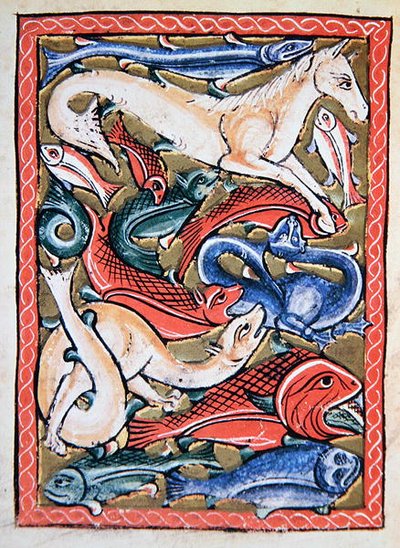 Fish and Sea Animals, facsimile of a 12th century manuscript miniature by School English