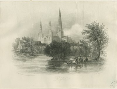 Lichfield Cathedral - South West View: engraving (vignetted), nd [c 1842] by School English