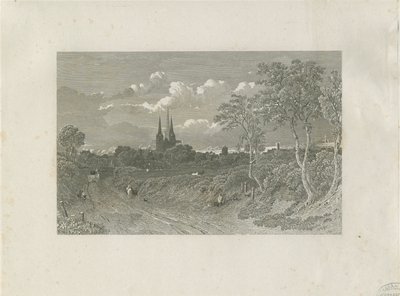 Lichfield Cathedral - West View (distant): engraving, nd [?18th cent] by School English