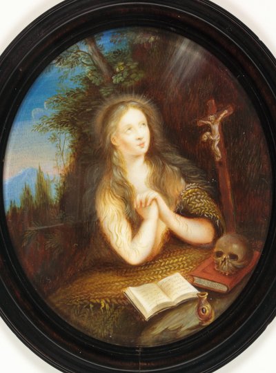 Mary Magdalene leaning against a bank, her eyes raised to a crucifix by School English