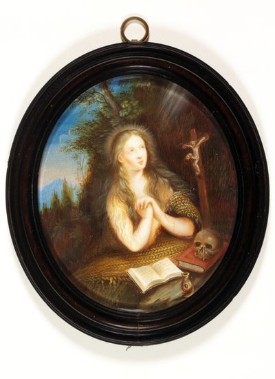 Mary Magdalene leaning against a bank, her eyes raised to a crucifix by School English