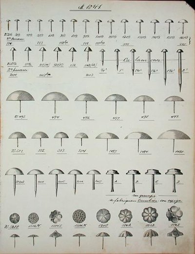 Nails, tacks and pins, from a trade catalogue of domestic goods and fittings by School English