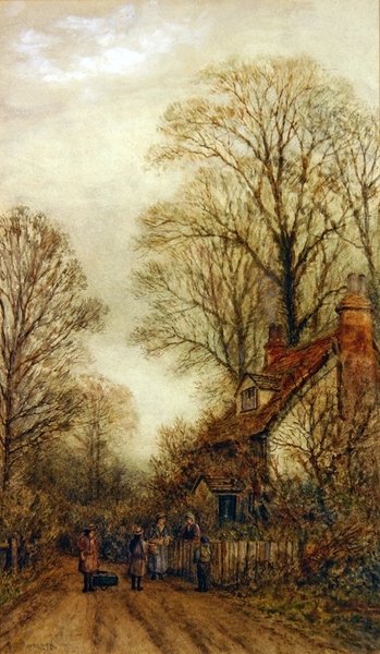 Woman and Children at a Cottage Gate by School English