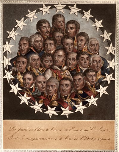 A Hero by Victory - The days of honesty in the Council, in the Combat - are the true heritage and good of the state. (Gressets) - 1. Marengo. Dessaix. 2. Montebello. Lannes. 3. Austerlitz. Rapp. 4. Eckmuhl. Davoust. 5. Florus. Jourdan. 6. Wagram. Berthier by School French